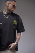 Bisiklet Yaka Palmiye Ağaç Baskılı Unisex Oversize Kalıp Tişört S