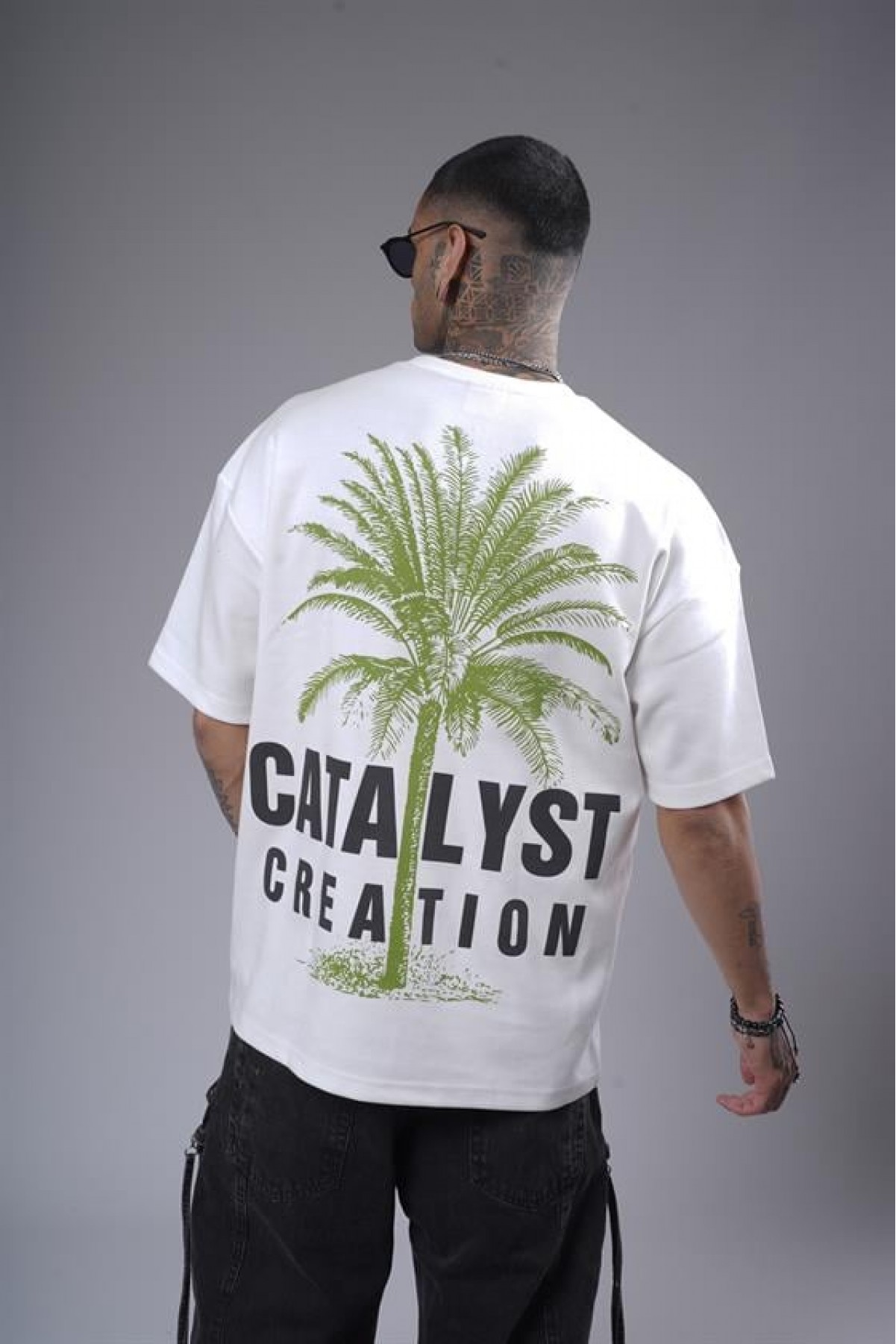 Bisiklet Yaka Palmiye Ağaç Baskılı Unisex Oversize Kalıp Tişört S