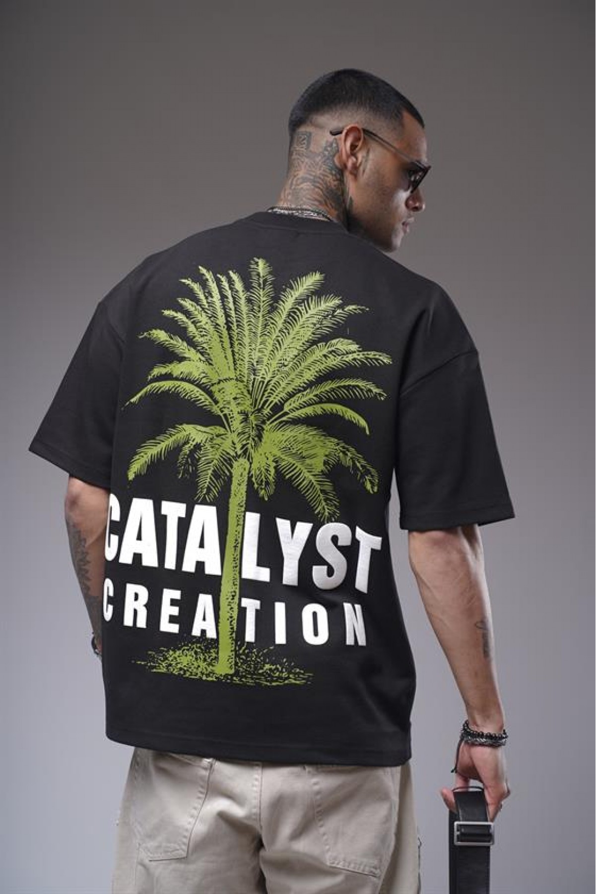 Bisiklet Yaka Palmiye Ağaç Baskılı Unisex Oversize Kalıp Tişört S