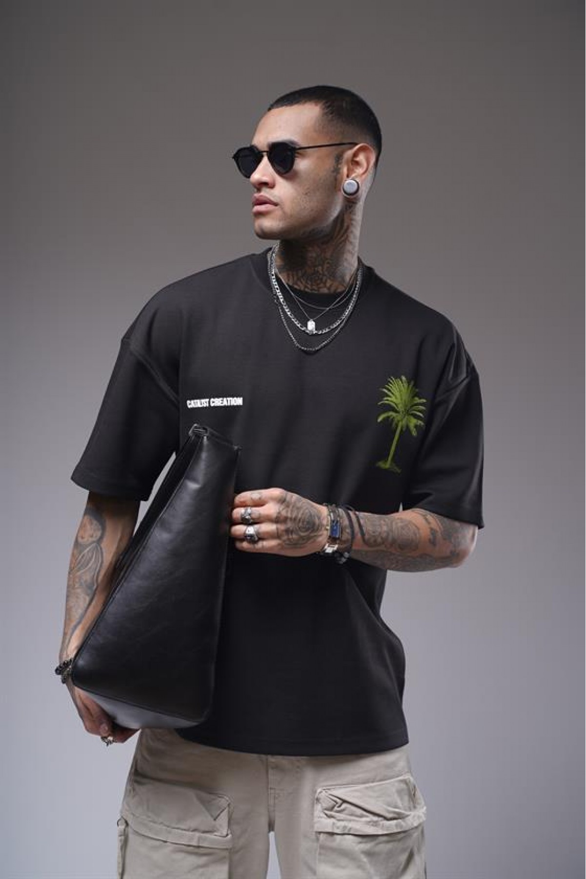 Bisiklet Yaka Palmiye Ağaç Baskılı Unisex Oversize Kalıp Tişört S