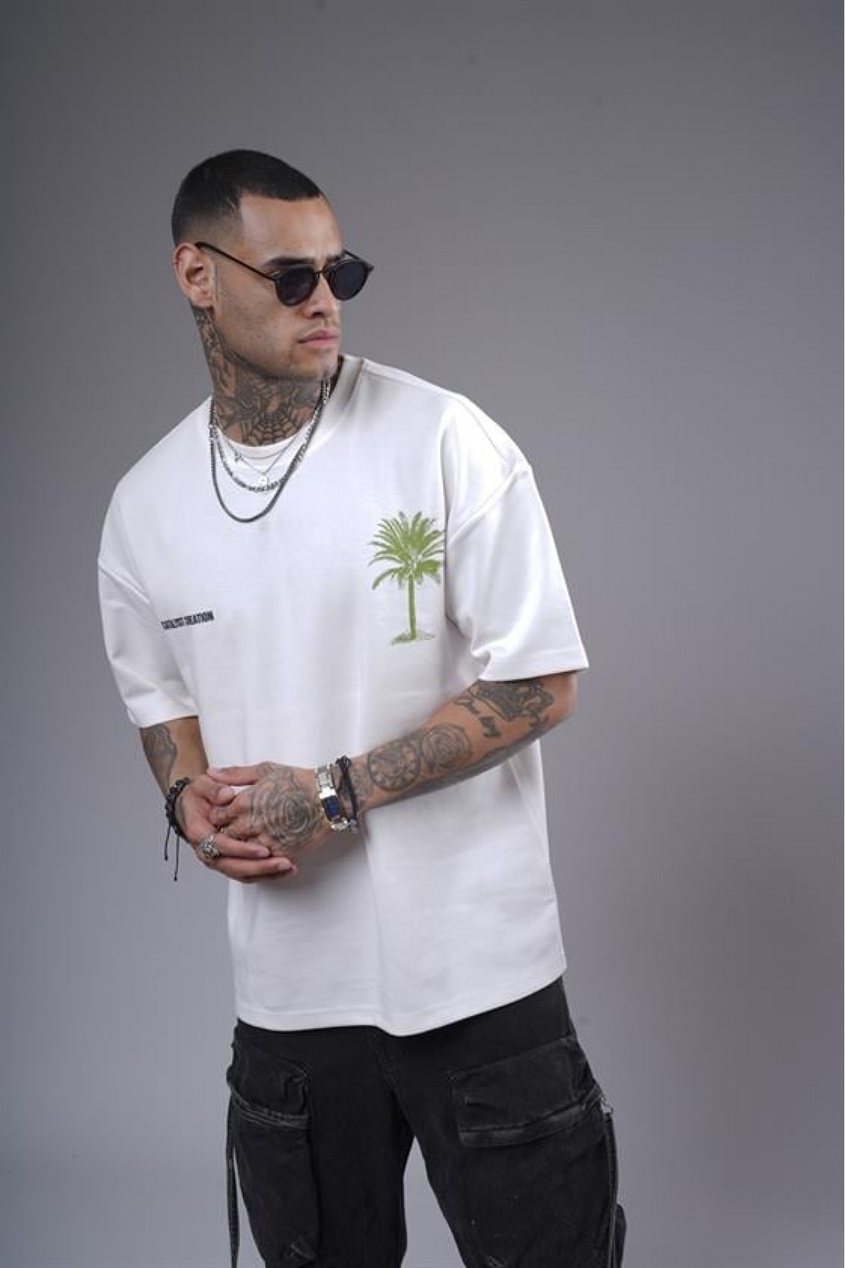 Bisiklet Yaka Palmiye Ağaç Baskılı Unisex Oversize Kalıp Tişört S