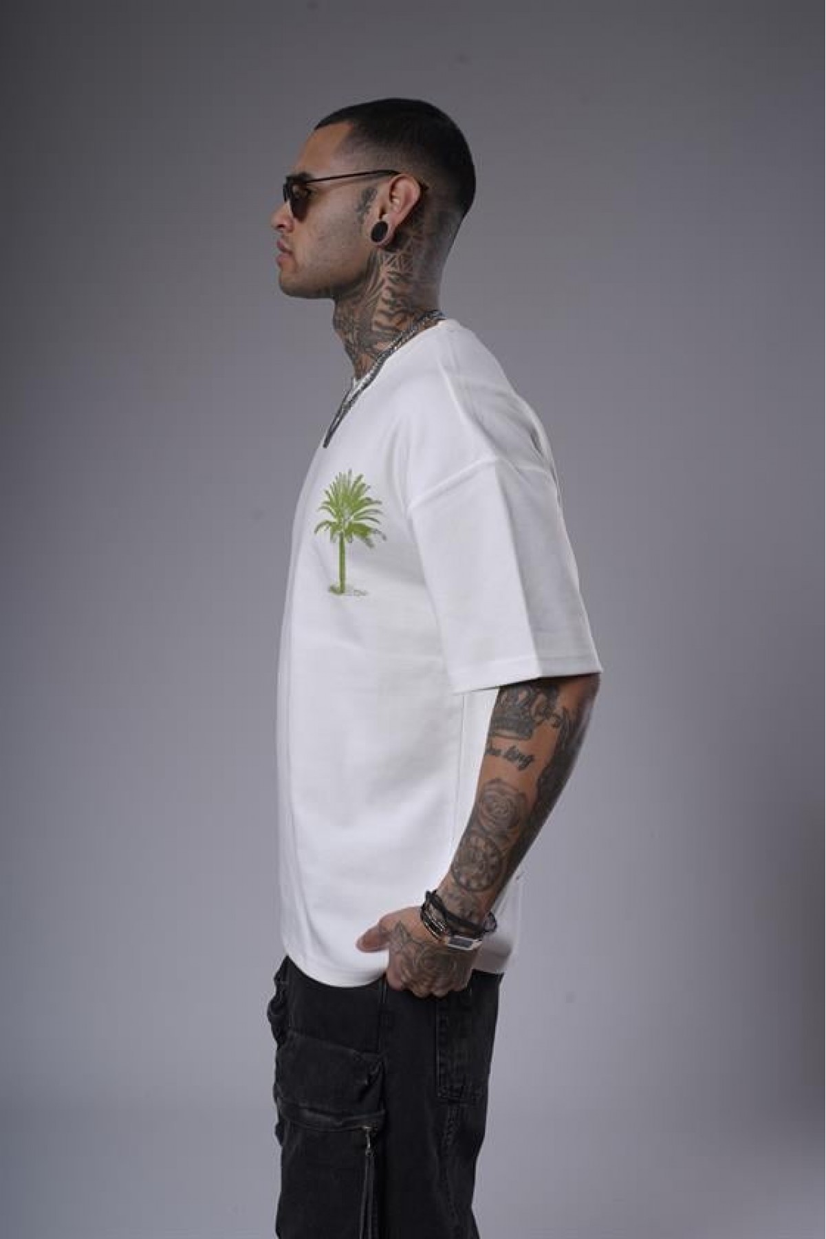 Bisiklet Yaka Palmiye Ağaç Baskılı Unisex Oversize Kalıp Tişört S