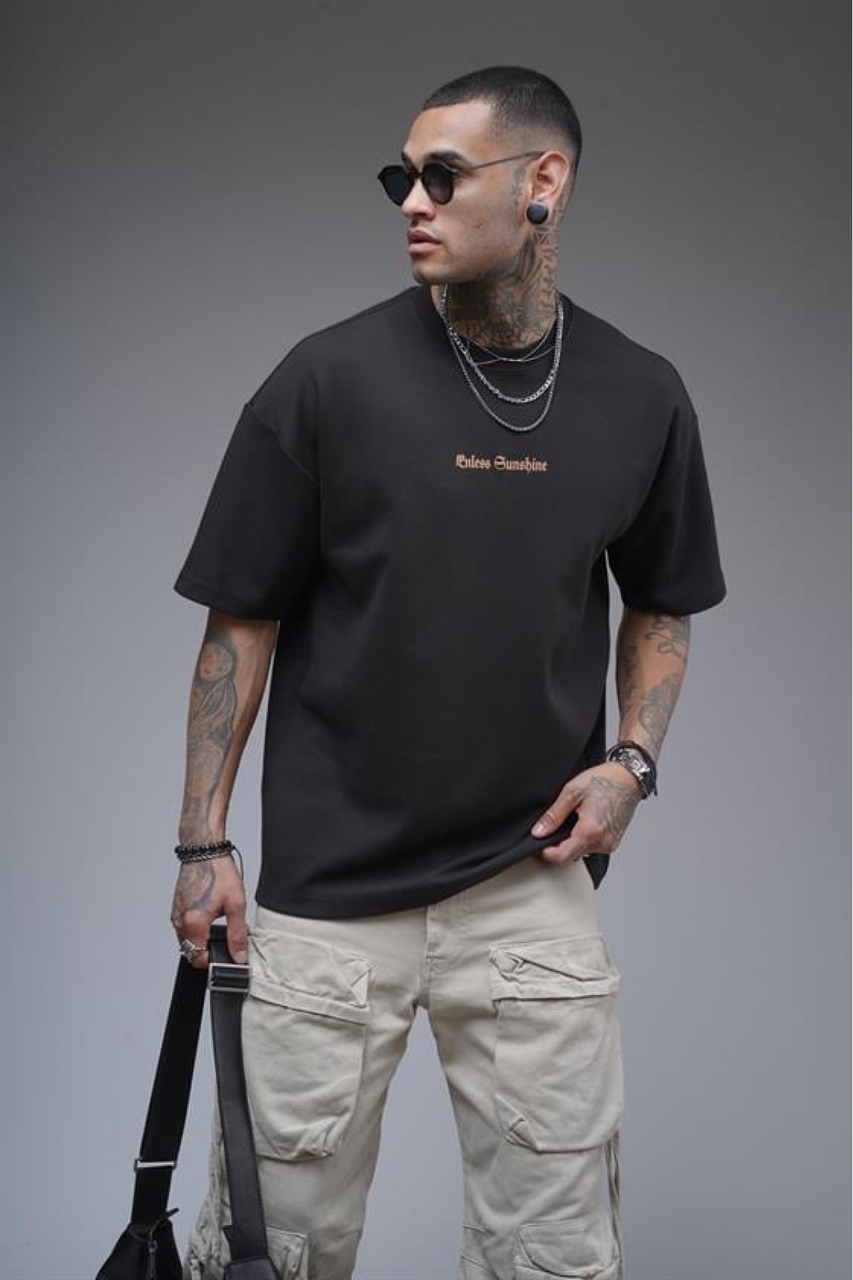 Bisiklet Yaka Sırtı Damla Baskılı Oversize Kalıp Unisex Tişört S