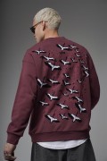 Bisiklet Yaka Sırtı Leylek Baskılı Nakışlı Oversize Kalıp Sweatshirt S