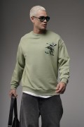 Bisiklet Yaka Sırtı Leylek Baskılı Nakışlı Oversize Kalıp Sweatshirt S