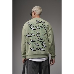 Bisiklet Yaka Sırtı Leylek Baskılı Nakışlı Oversize Kalıp Sweatshirt S