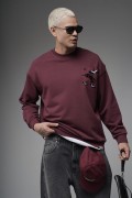 Bisiklet Yaka Sırtı Leylek Baskılı Nakışlı Oversize Kalıp Sweatshirt S