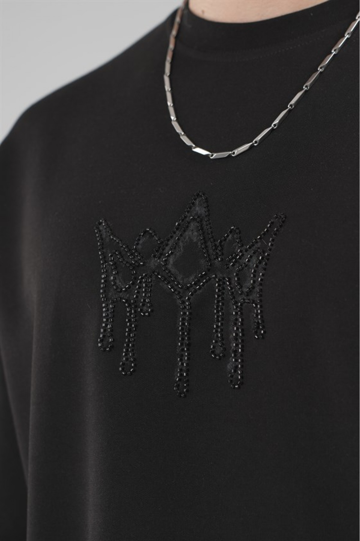 Bisiklet Yaka Taşlı Logo Detaylı Oversize Kalıp Erkek Tişört S