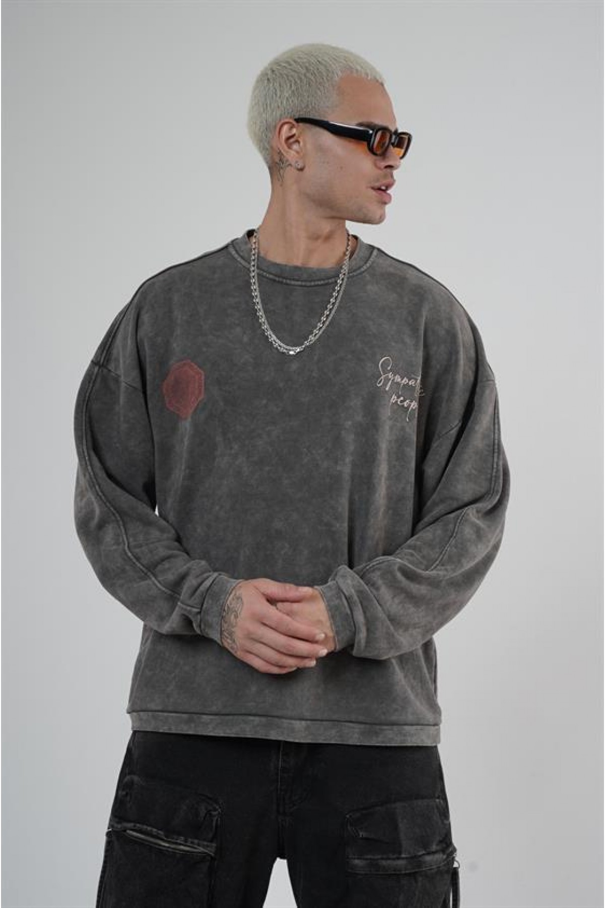 Bisiklet Yaka Ön Ve Arka Basılı Yıkamalı Oversize Kalıp Unisex Sweatshirt S