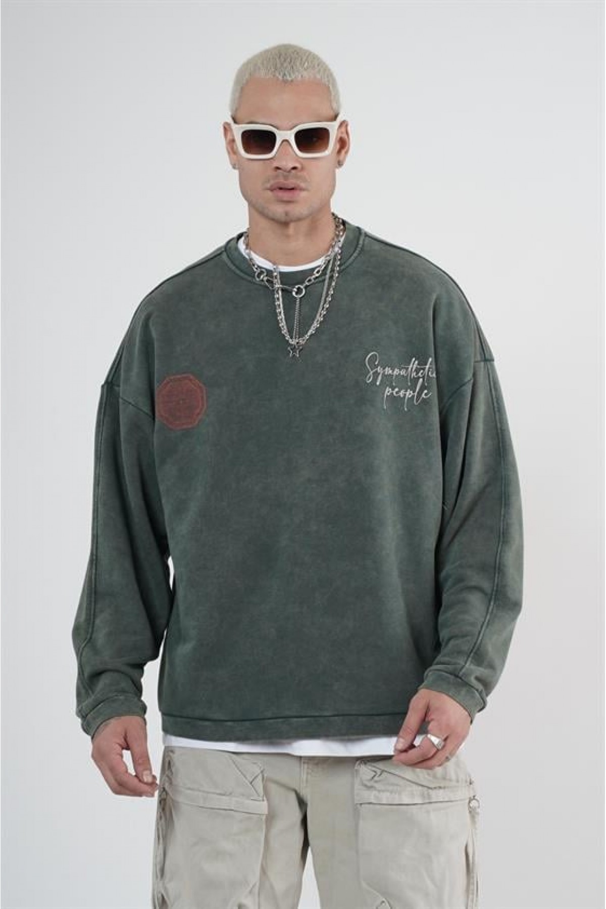 Bisiklet Yaka Ön Ve Arka Basılı Yıkamalı Oversize Kalıp Unisex Sweatshirt S