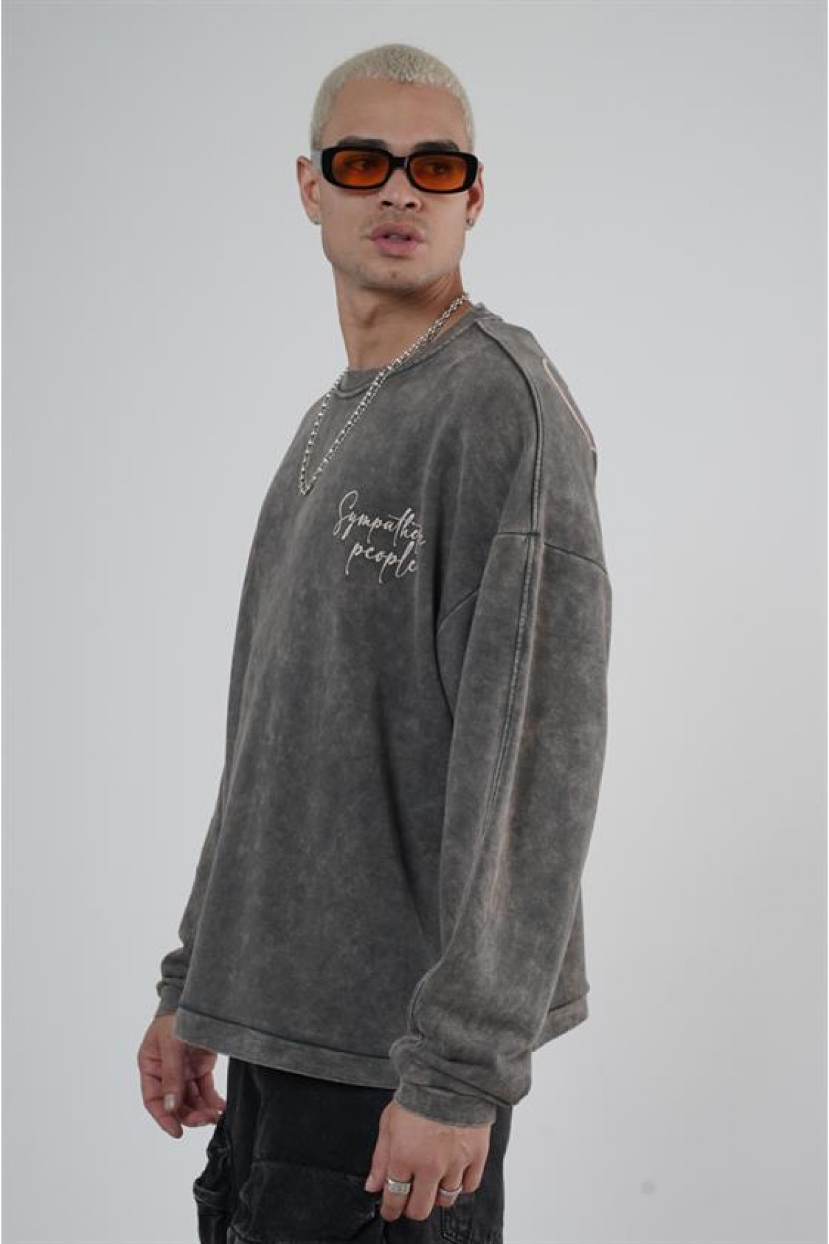 Bisiklet Yaka Ön Ve Arka Basılı Yıkamalı Oversize Kalıp Unisex Sweatshirt S