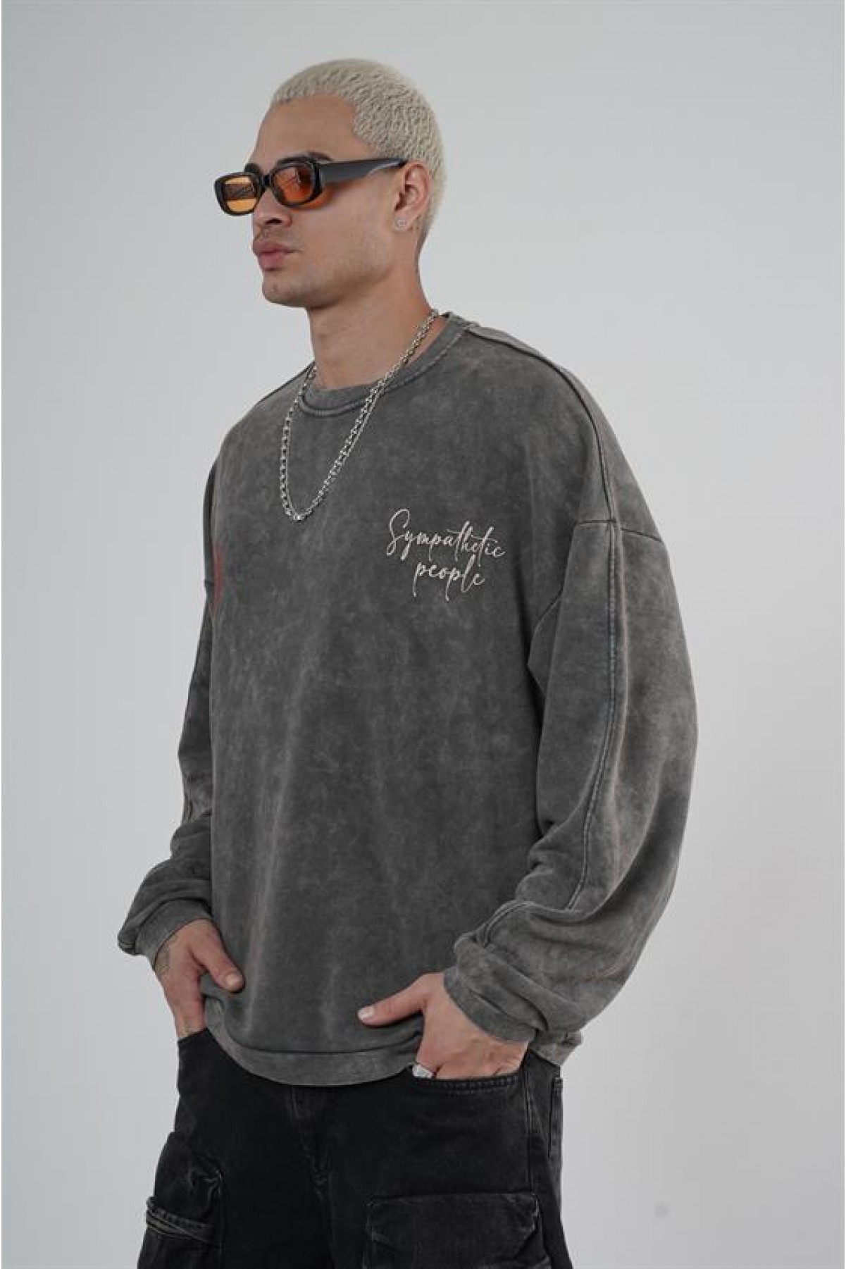 Bisiklet Yaka Ön Ve Arka Basılı Yıkamalı Oversize Kalıp Unisex Sweatshirt S