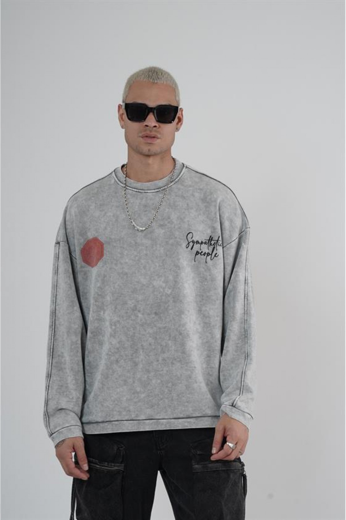 Bisiklet Yaka Ön Ve Arka Basılı Yıkamalı Oversize Kalıp Unisex Sweatshirt S