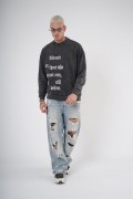Bisiklet Yaka Yazı Nakışlı Yıkamalı Oversize Kalıp Unisex Sweatshirt S