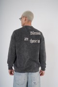 Bisiklet Yaka Yazı Nakışlı Yıkamalı Oversize Kalıp Unisex Sweatshirt S
