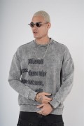 Bisiklet Yaka Yazı Nakışlı Yıkamalı Oversize Kalıp Unisex Sweatshirt S