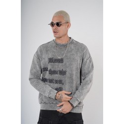 Bisiklet Yaka Yazı Nakışlı Yıkamalı Oversize Kalıp Unisex Sweatshirt S