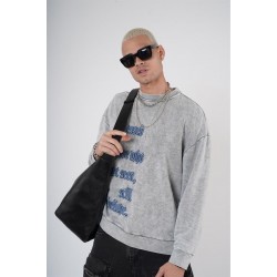 Bisiklet Yaka Yazı Nakışlı Yıkamalı Oversize Kalıp Unisex Sweatshirt S