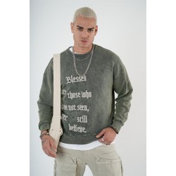 Bisiklet Yaka Yazı Nakışlı Yıkamalı Oversize Kalıp Unisex Sweatshirt S