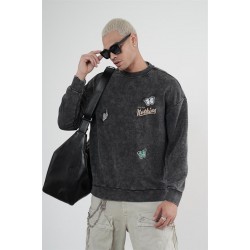 Bisiklet Yaka Yıkamalı Aplikeli Oversize Kalıp Sweatshirt S