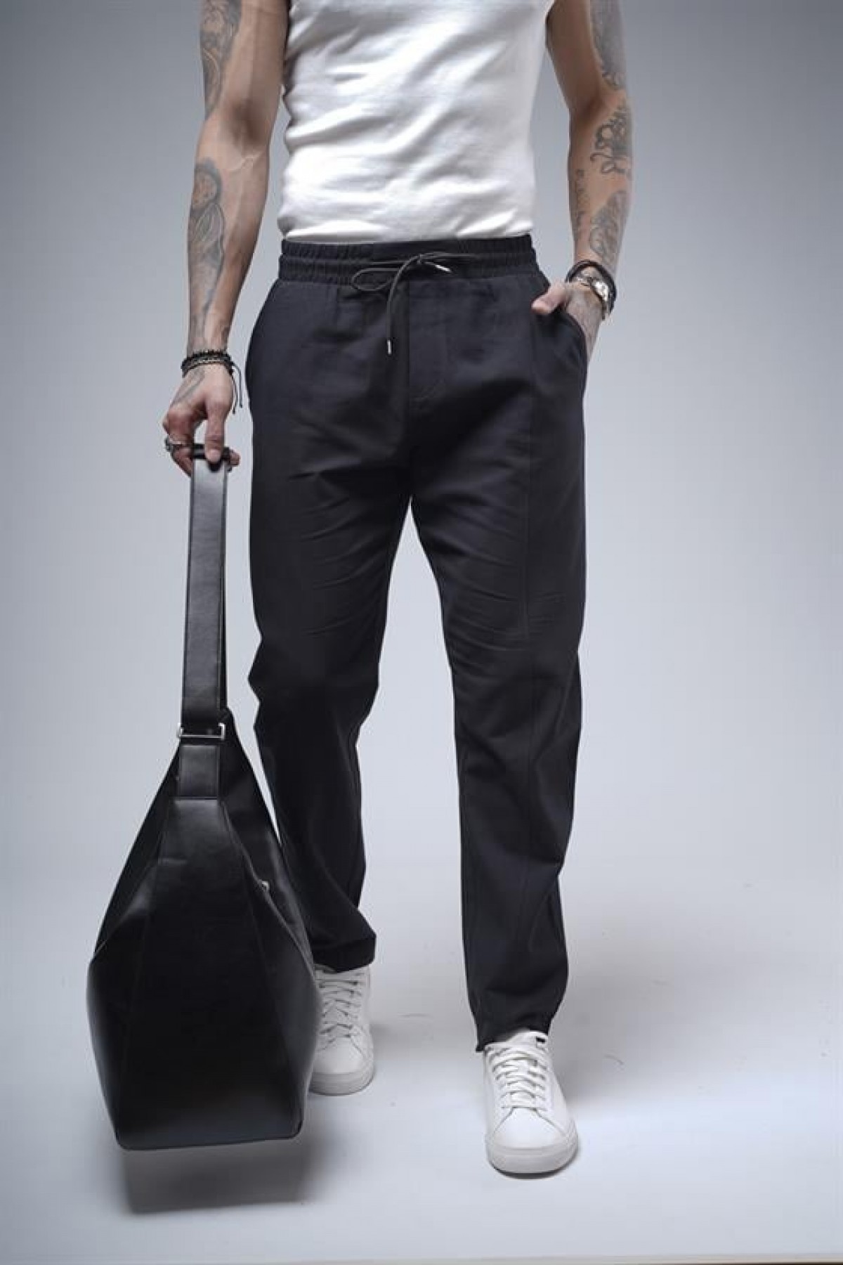 Boyfriend Kalıp Beli Lastikli Cepli Erkek Gabardin Pantolon S