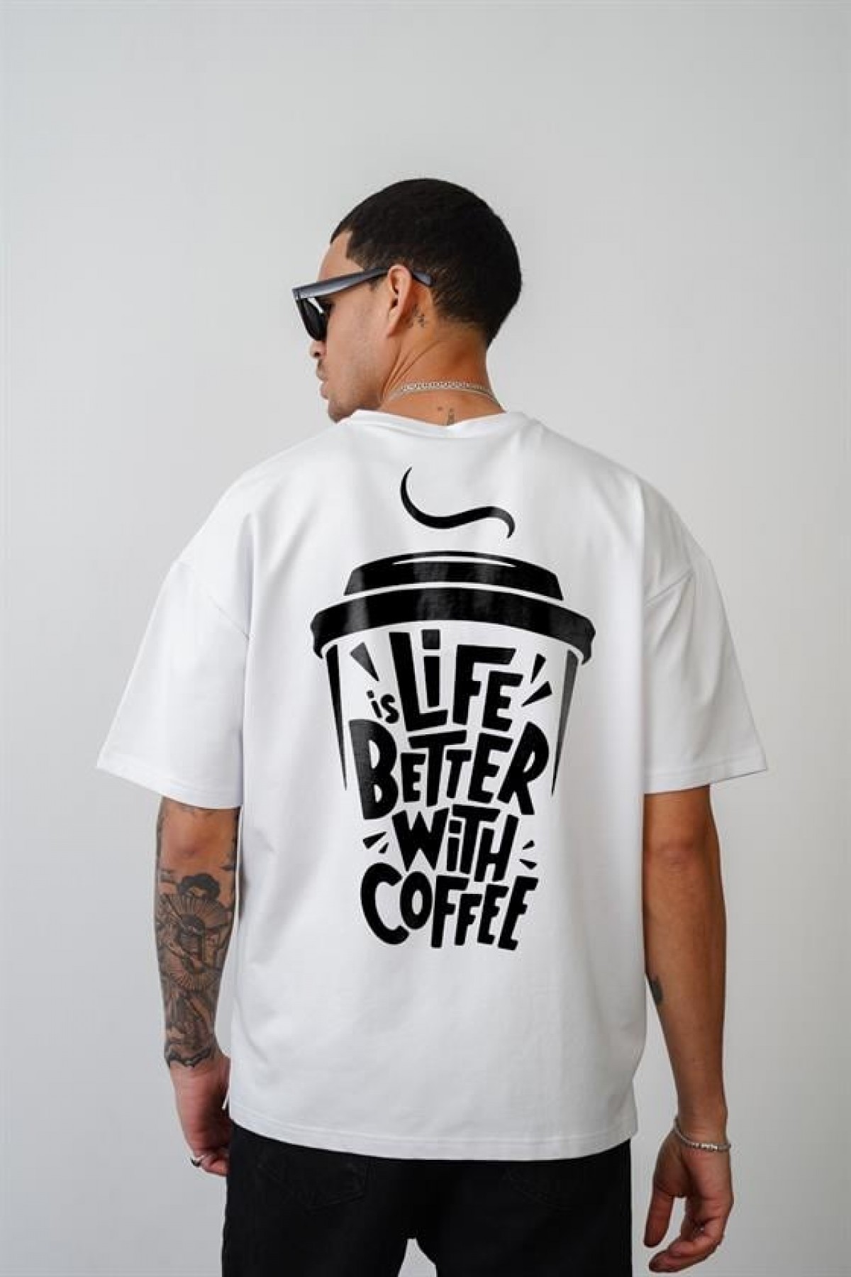 Coffee Cup Baskılı Unisex Oversize Kalıp Tişört Beyaz