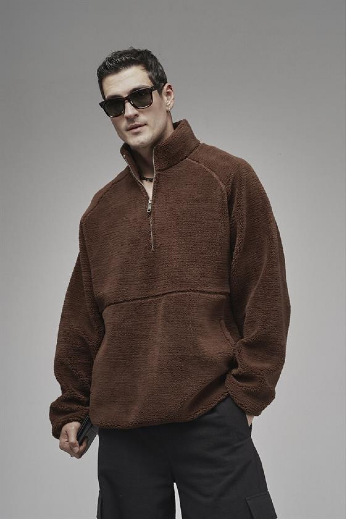 Dik Yaka Fermuarlı Cepli Reglan Kol Oversize Kalıp Erkek Polar S