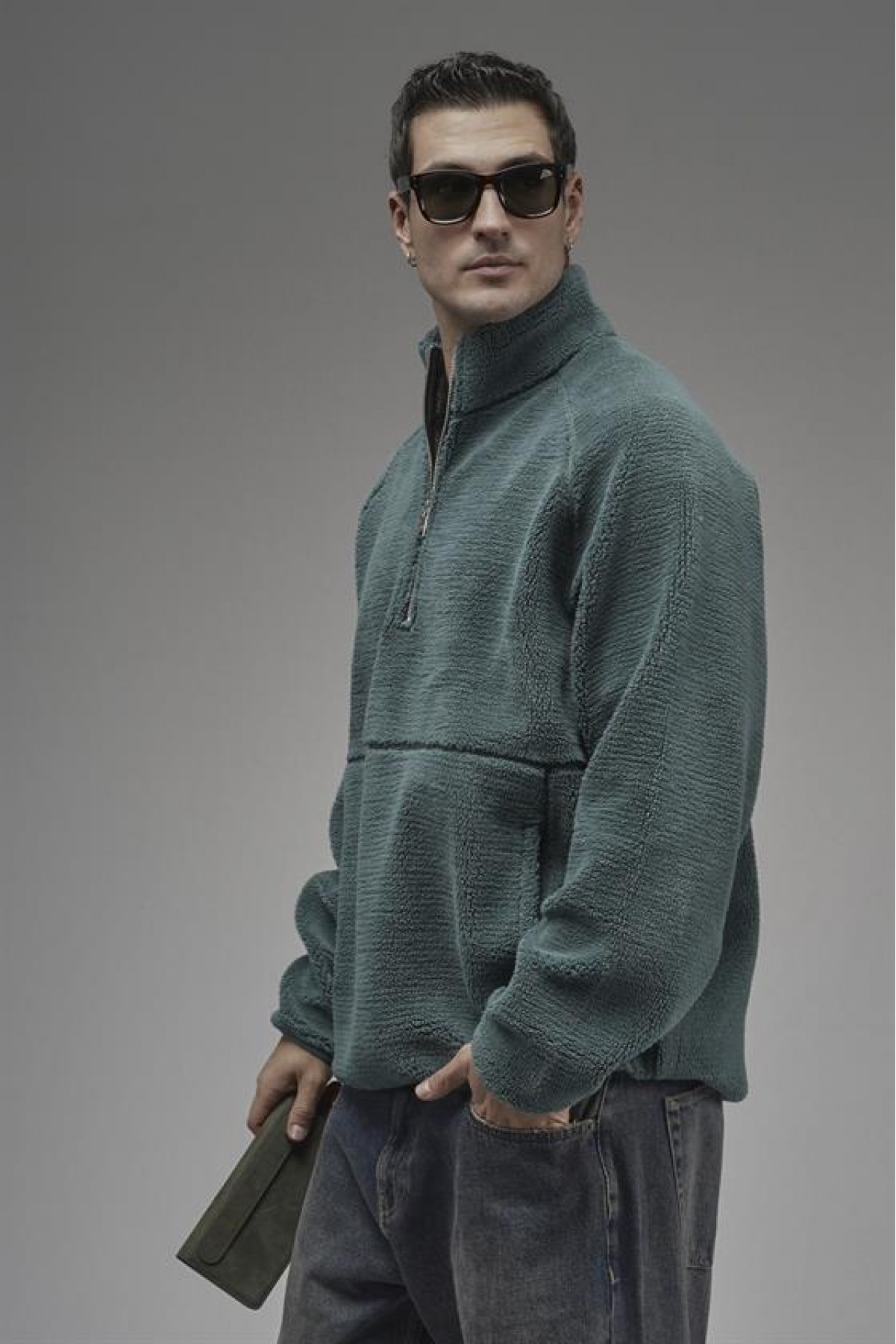 Dik Yaka Fermuarlı Cepli Reglan Kol Oversize Kalıp Erkek Polar S