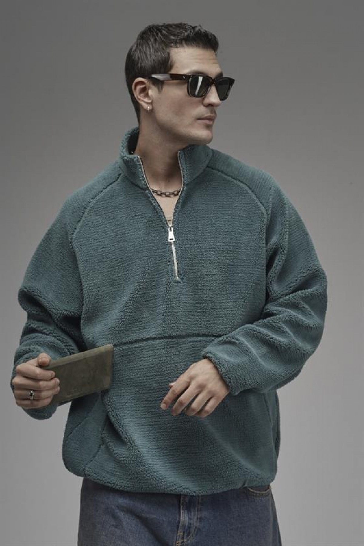 Dik Yaka Fermuarlı Cepli Reglan Kol Oversize Kalıp Erkek Polar S