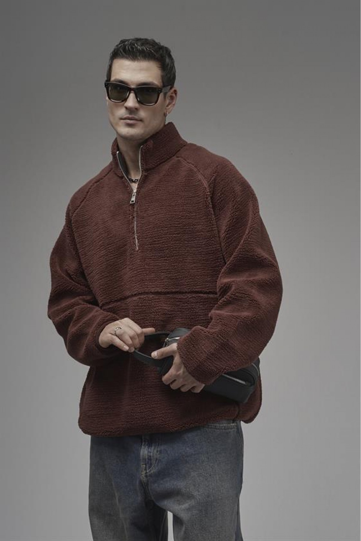 Dik Yaka Fermuarlı Cepli Reglan Kol Oversize Kalıp Erkek Polar S