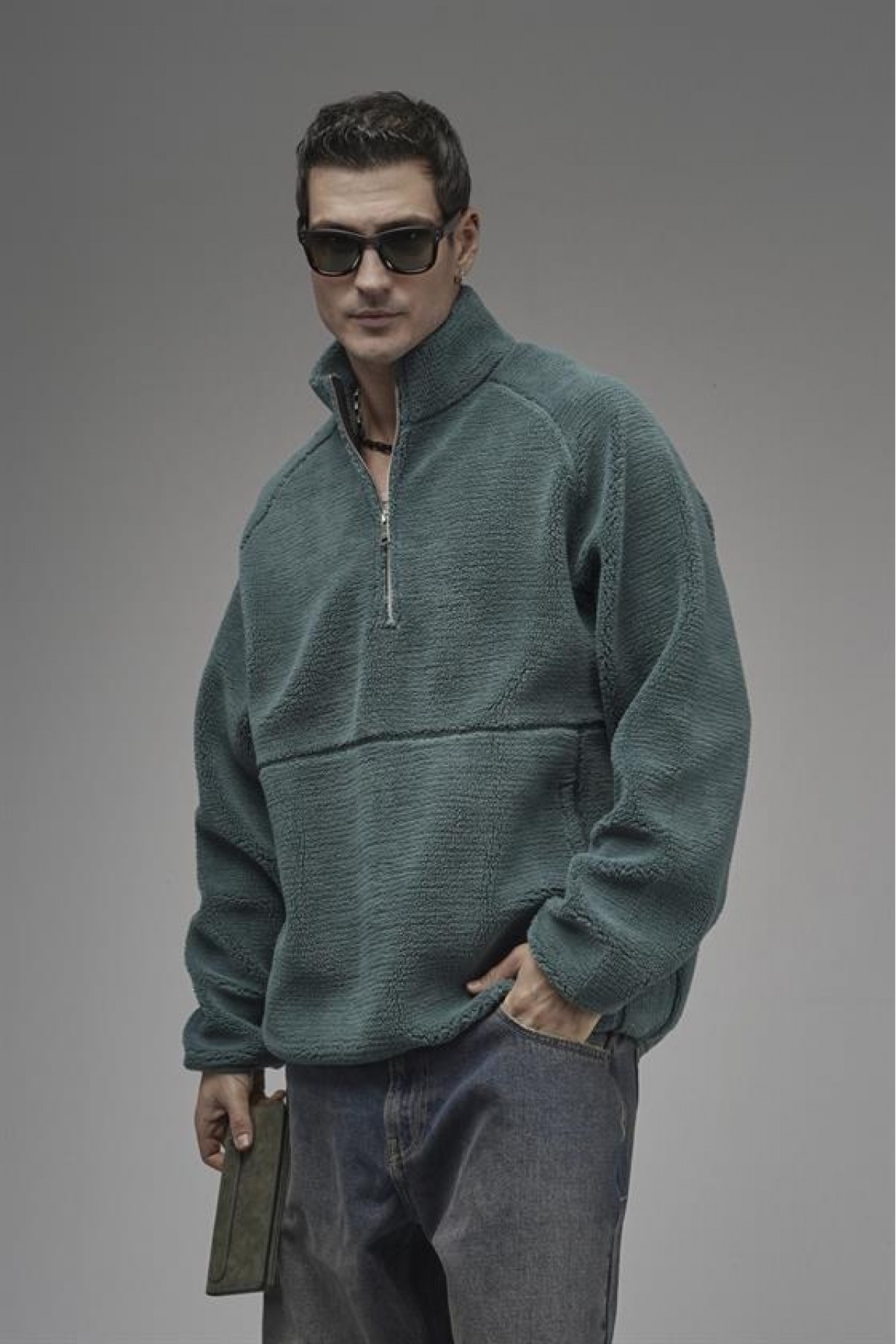 Dik Yaka Fermuarlı Cepli Reglan Kol Oversize Kalıp Erkek Polar S