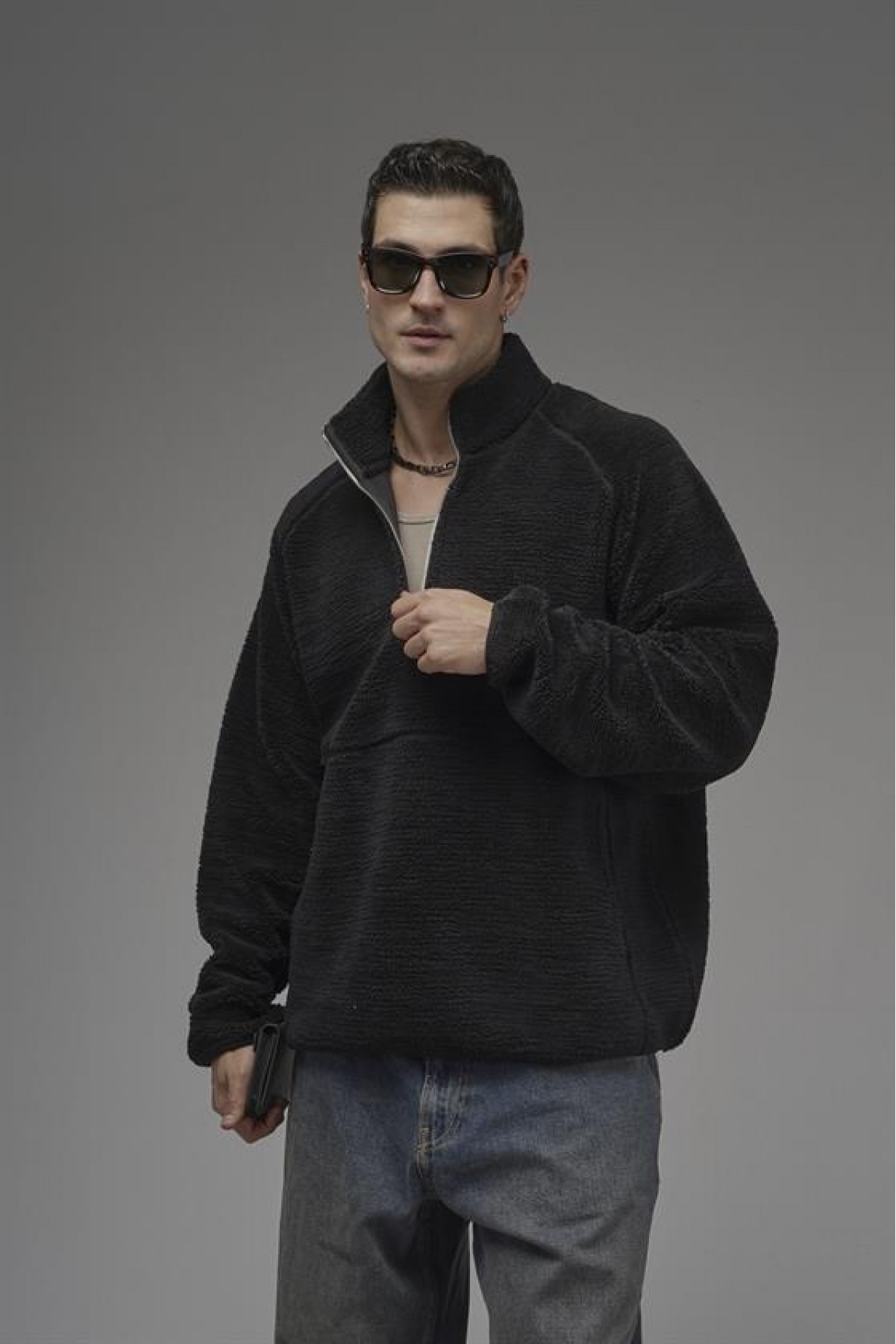 Dik Yaka Fermuarlı Cepli Reglan Kol Oversize Kalıp Erkek Polar S