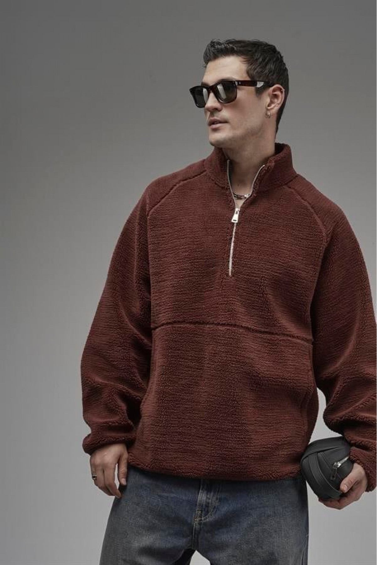 Dik Yaka Fermuarlı Cepli Reglan Kol Oversize Kalıp Erkek Polar S