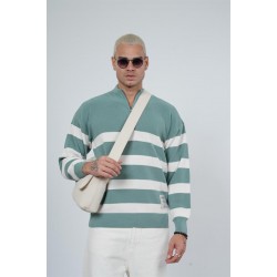 Dik Yaka Yarım Fermuarlı Çizgili Oversize Kalıp Erkek Kazak S