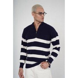 Dik Yaka Yarım Fermuarlı Çizgili Oversize Kalıp Erkek Kazak S