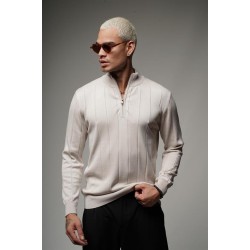 Dik Yaka Yarım Fermuarlı Fitilli Erkek Triko Kazak S