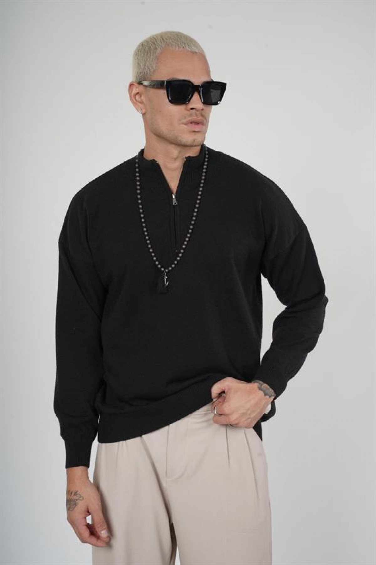 Dik Yaka Yarım Fermuarlı Oversize Erkek Triko Kazak S