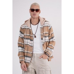 Kapuşonlu Ekoseli Unisex Kaşe Gömlek S