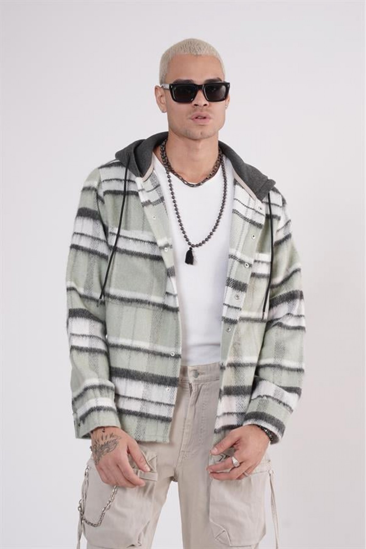 Kapuşonlu Ekoseli Unisex Kaşe Gömlek S