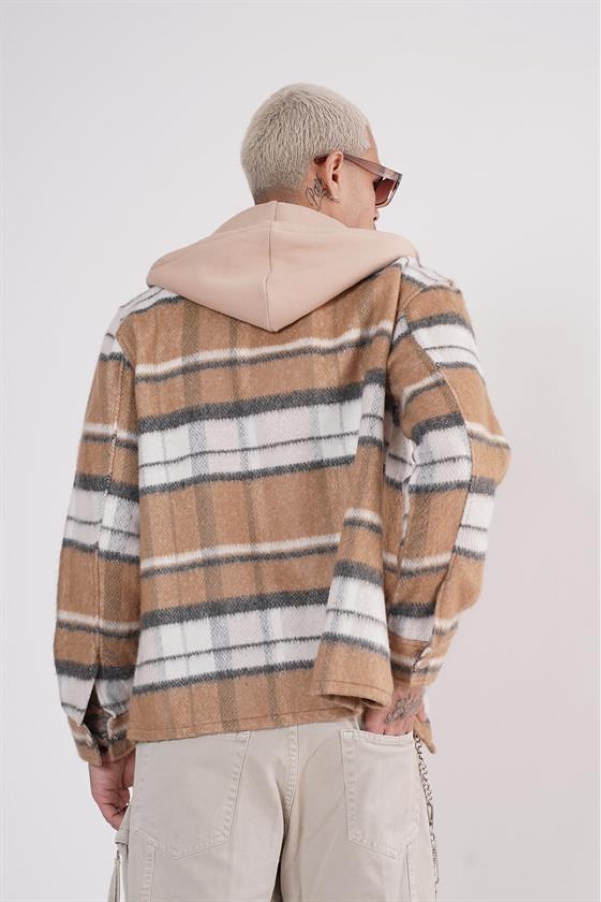 Kapuşonlu Ekoseli Unisex Kaşe Gömlek S