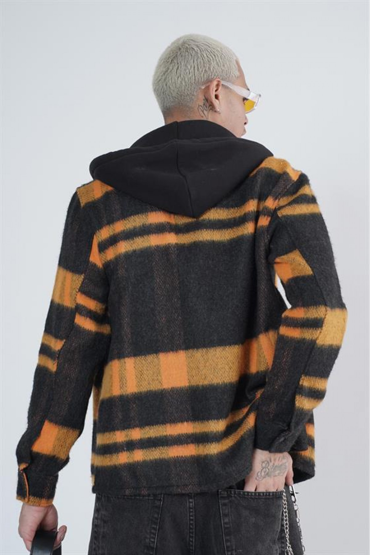 Kapuşonlu Ekoseli Unisex Kaşe Gömlek S