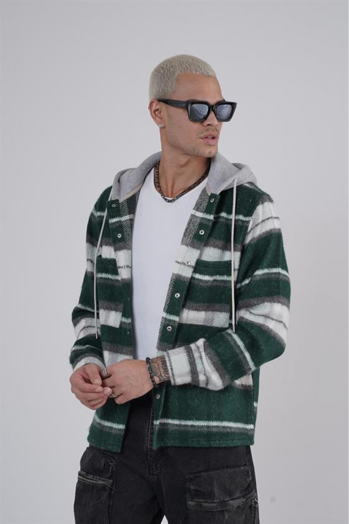 Kapuşonlu Ekoseli Unisex Kaşe Gömlek S