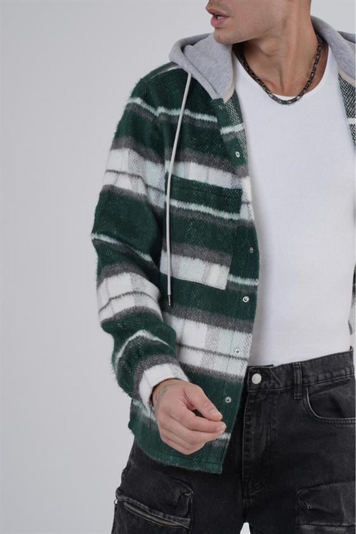 Kapuşonlu Ekoseli Unisex Kaşe Gömlek S