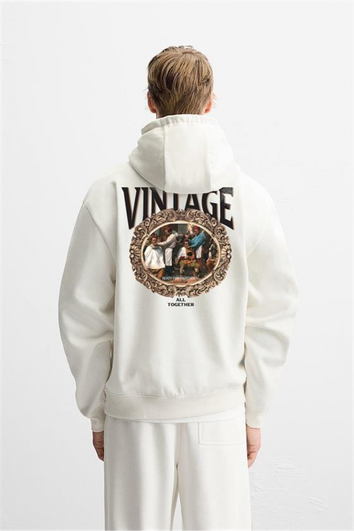 Kapuşonlu Vintage Baskılı Unisex Oversize Kalıp Hoodie S