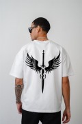 Kılıç Baskılı Oversize Kalıp Unisex Tişört Beyaz