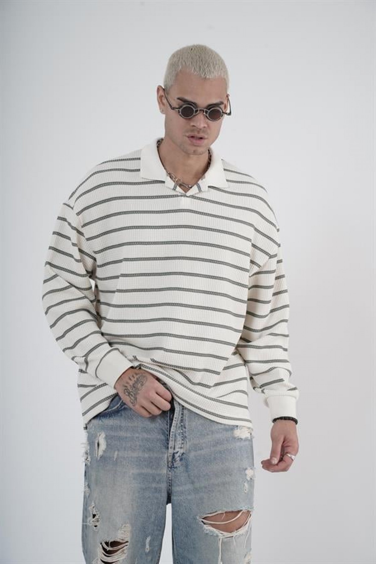 King Brich Polo Yaka Oversize Kalıp Çizgili Triko Kazak S