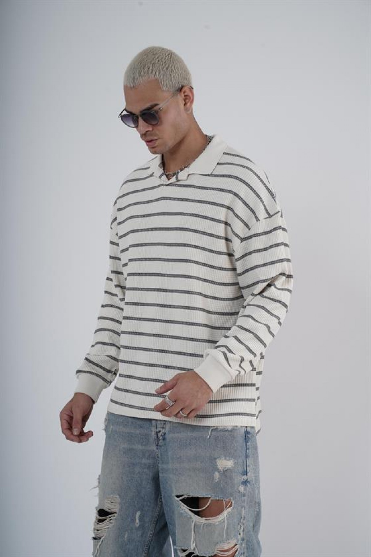 King Brich Polo Yaka Oversize Kalıp Çizgili Triko Kazak S