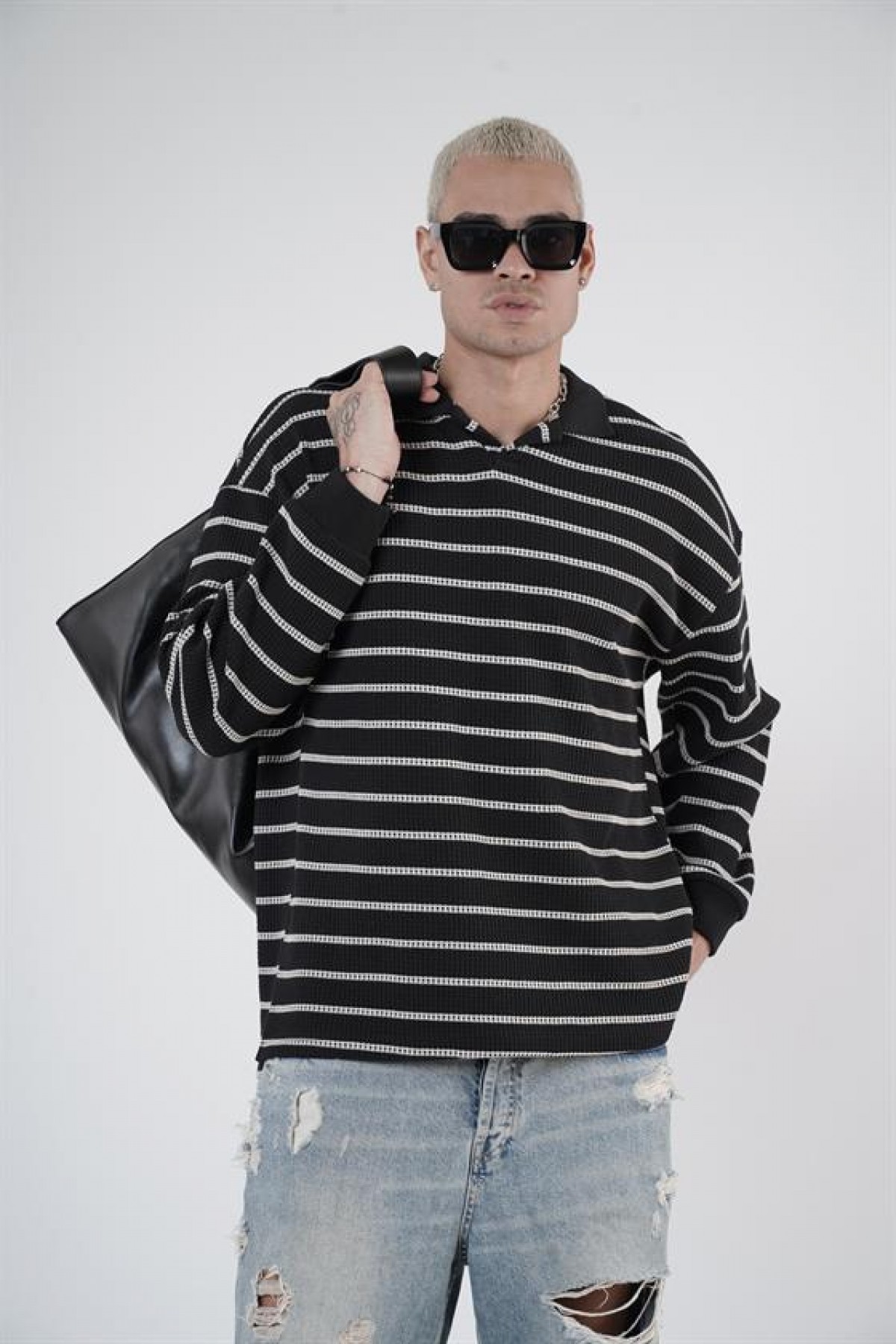 King Brich Polo Yaka Oversize Kalıp Çizgili Triko Kazak S