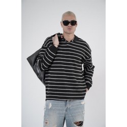 King Brich Polo Yaka Oversize Kalıp Çizgili Triko Kazak S