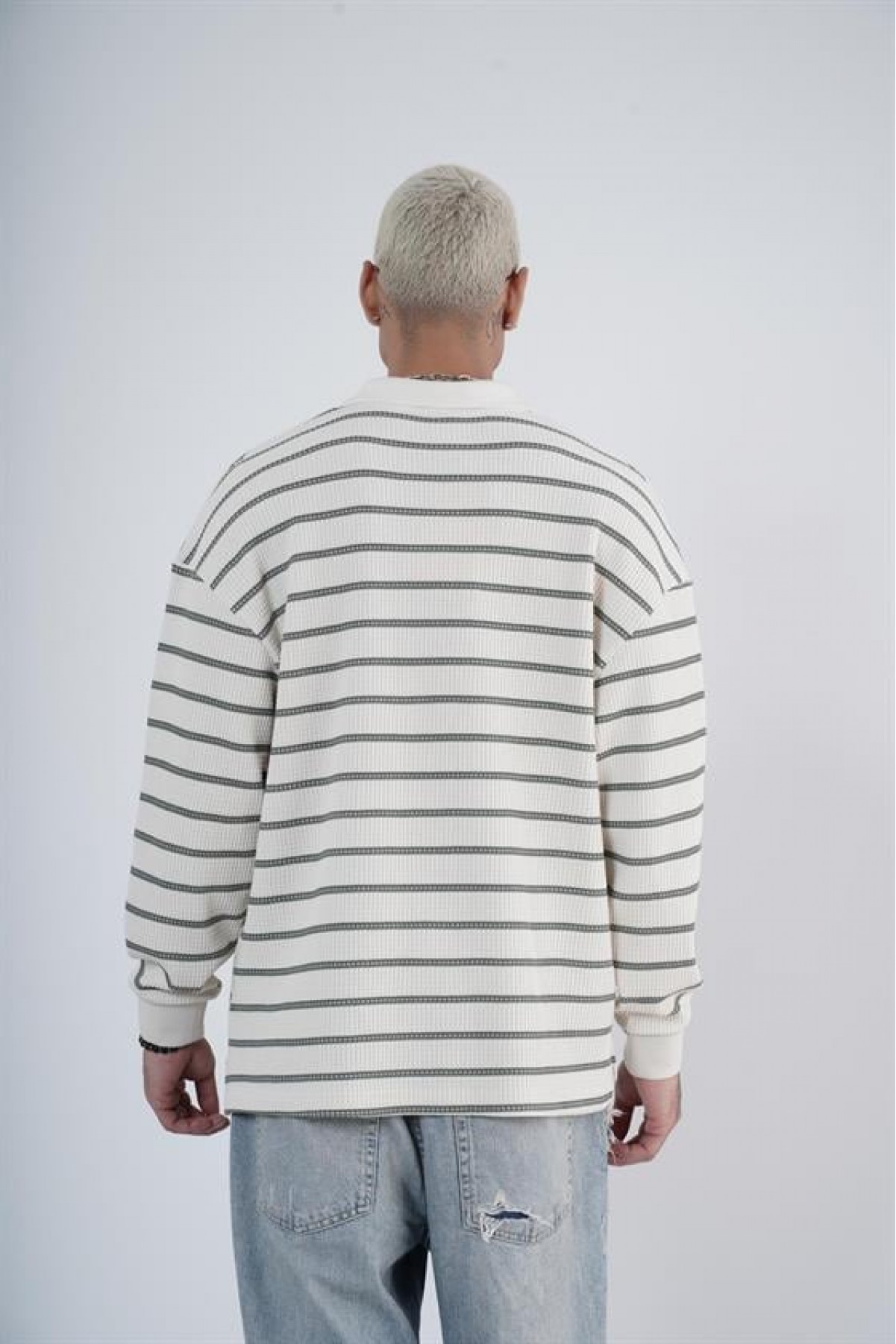 King Brich Polo Yaka Oversize Kalıp Çizgili Triko Kazak S